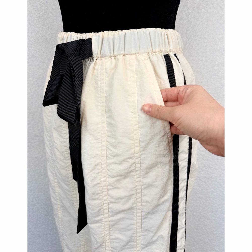 LAGUA GEM • Cream/Black Wide-Leg Ribbon Trim High-Waisted Drawstring Pants, S - Picture 6 of 16